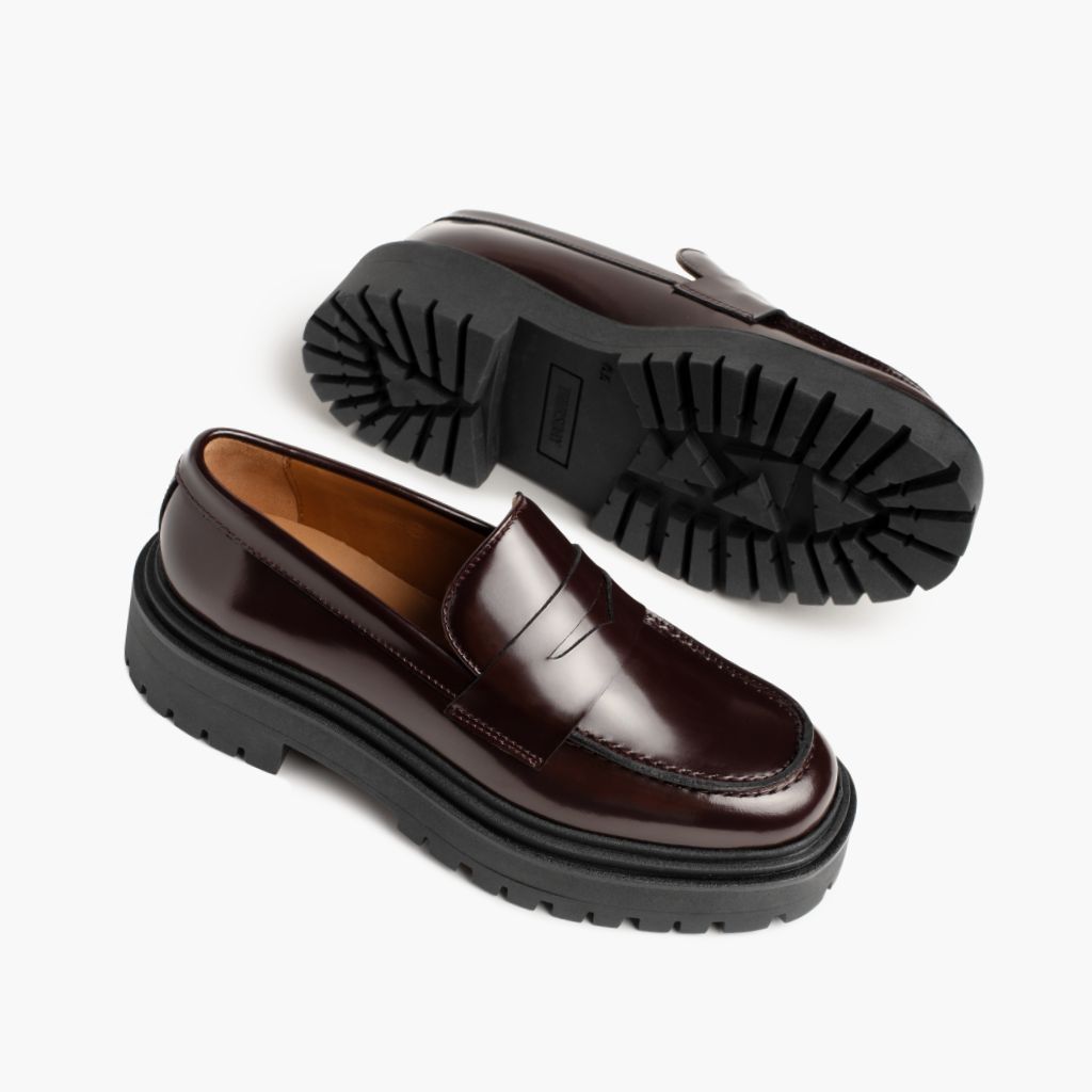 High-Traction Rubber Outsole & Lug Tread Pattern on Penny Platform Бургунди Кожаные ботинки для Женщин