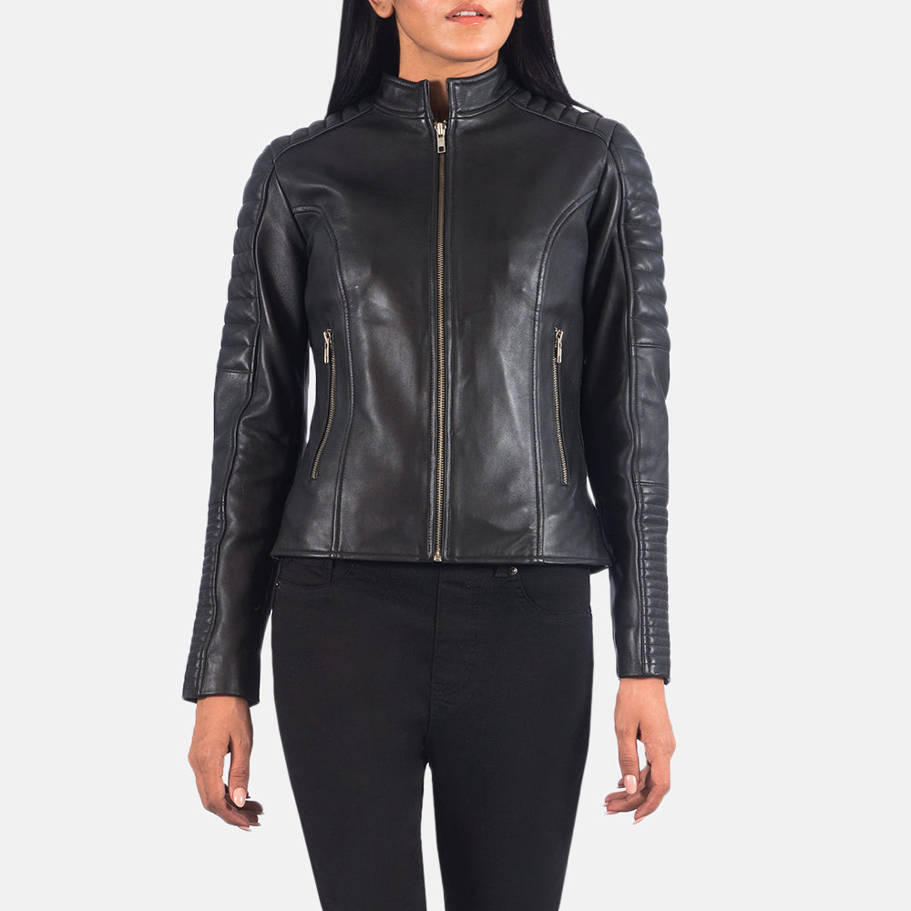 
Black Sheepskin Leather Biker Jacket - Вид сзади, подчеркивающий посадку по плечам и ровный край