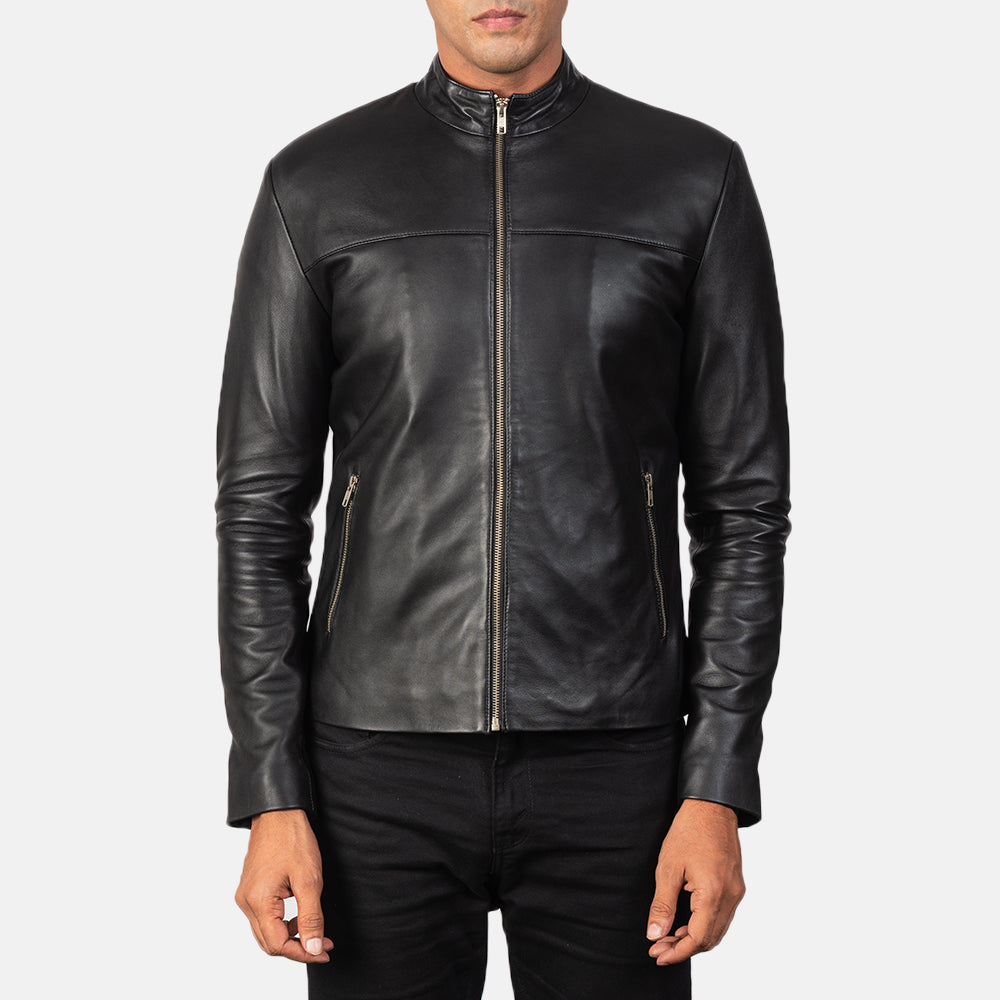 Men's Adornica Black Leather Biker Jacket - Lateral Side Profile View Showing Sleeve Cut &amp; Athletic Taper Fit