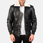 
Airin G-1 Black & White Leather Bomber Jacket in Black Sheepskin Leather - Вид спереди и приталенный силуэт | Купить в официальном онлайн-магазине