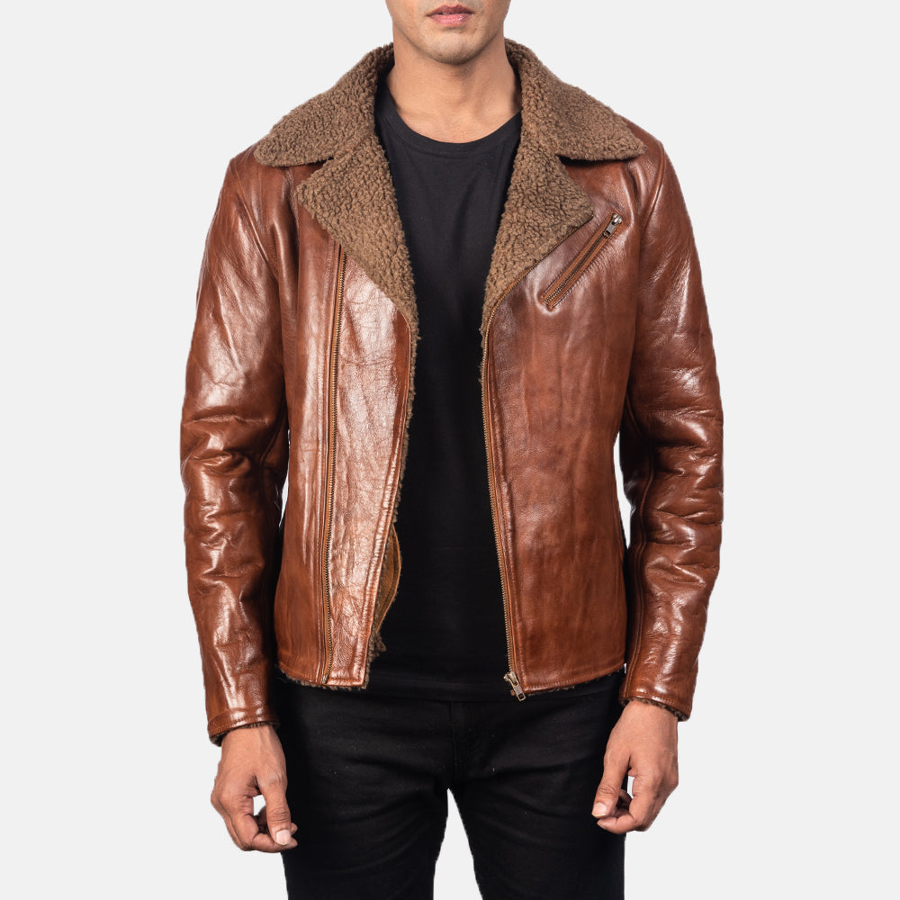 Men's Alberto Shearling Brown Leather Jacket in Brown Sheepskin Leather - Front Profile View &amp; Tailored Silhouette | Buy Online