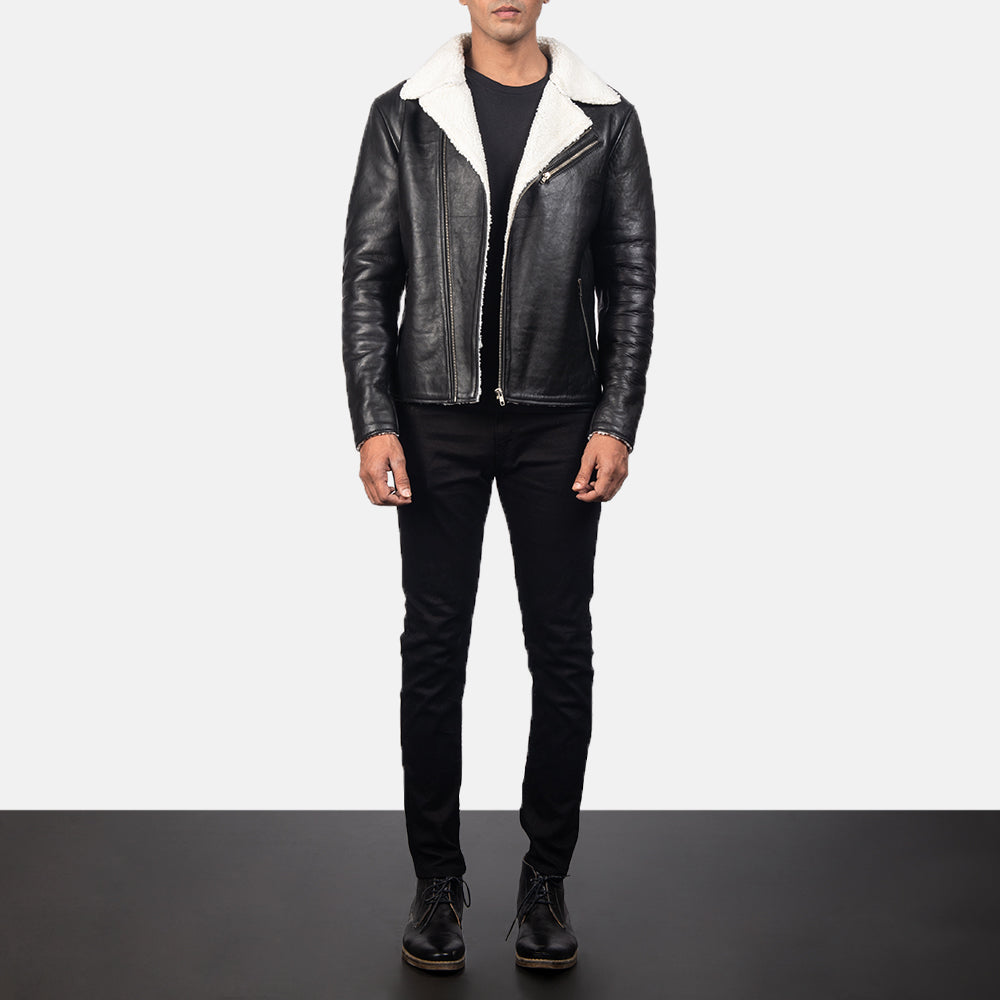 
Крупный план деталей of Notch & Zipper Hardware on Alberto White Shearling Черный Кожаная куртка для Мужчин
