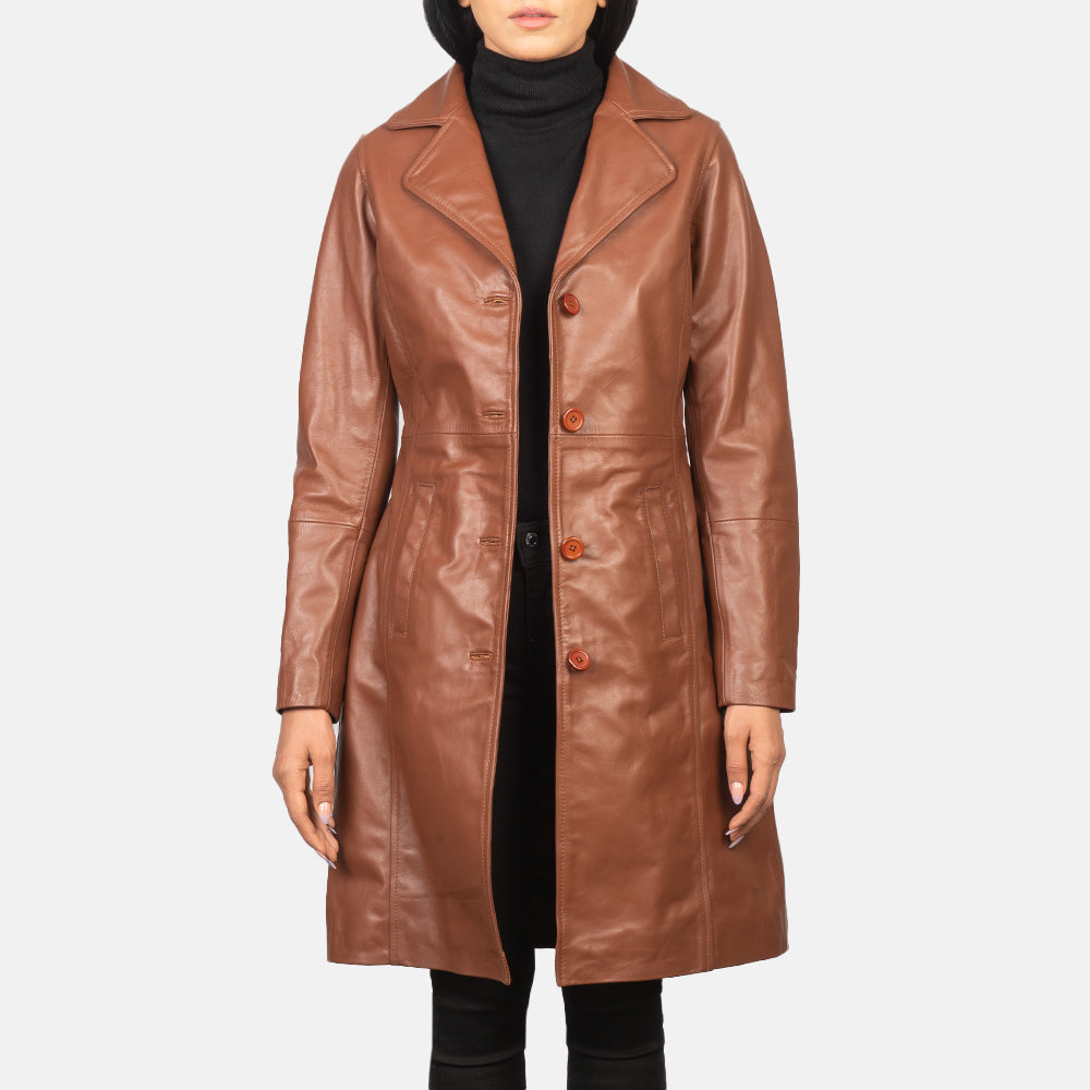 Women's Alexis Brown Single Breasted Leather Coat in Brown Cowhide Leather - Front Profile View &amp; Tailored Silhouette | Buy Online