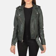 Women's Alison Green Leather Biker Jacket in Green Sheepskin Leather - Front Profile View &amp; Tailored Silhouette | Buy Online