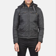 Close-Up Detail of High neck with Belt &amp; Zipper Hardware on Men's Alps Quilted Black Windbreaker Jacket