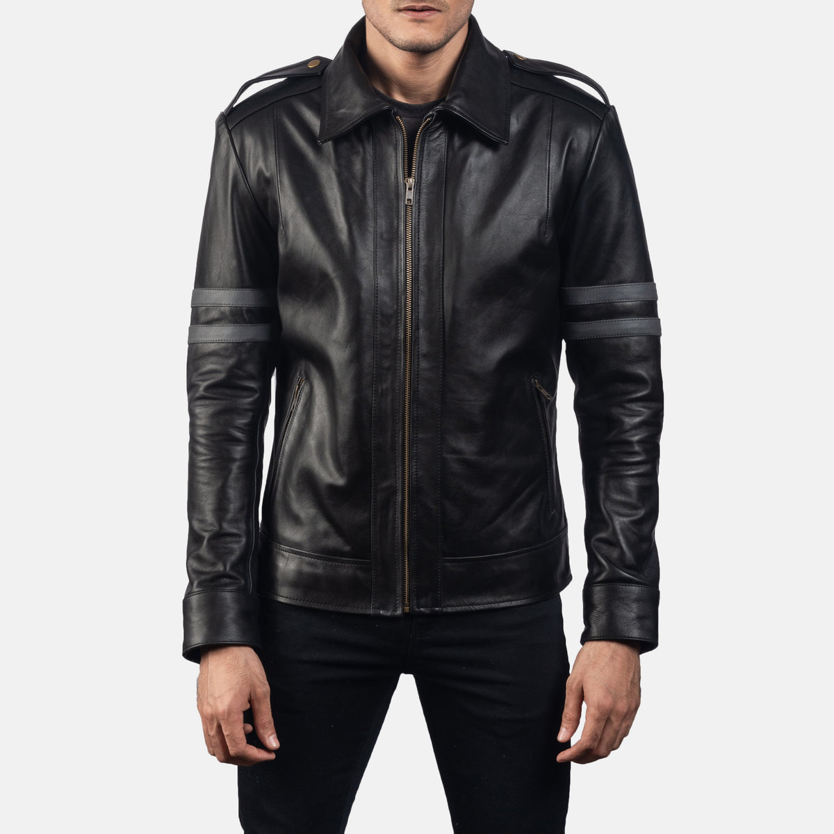 Armstrong Black Leather Biker Jacket in Black Cowhide Leather - Front Profile View &amp; Tailored Silhouette | Buy Online