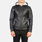 Close-Up Detail of Hooded &amp; Zipper Hardware on Men's Baston Black Hooded Leather Bomber Jacket