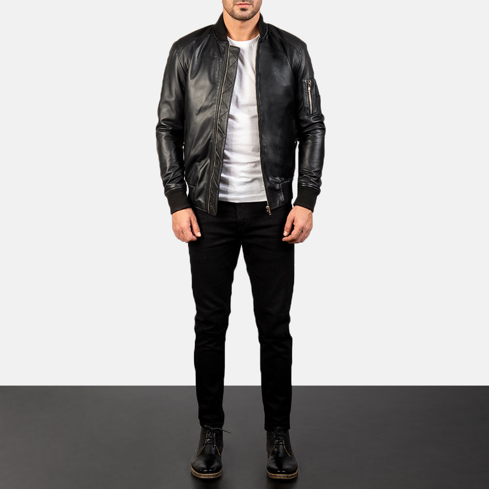 Men's Bomia Ma-1 Black Leather Bomber Jacket - Lateral Side Profile View Showing Sleeve Cut &amp; Athletic Taper Fit