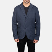 Close-Up Detail of Notch & Button Hardware on Borges Navy Blue Blazer