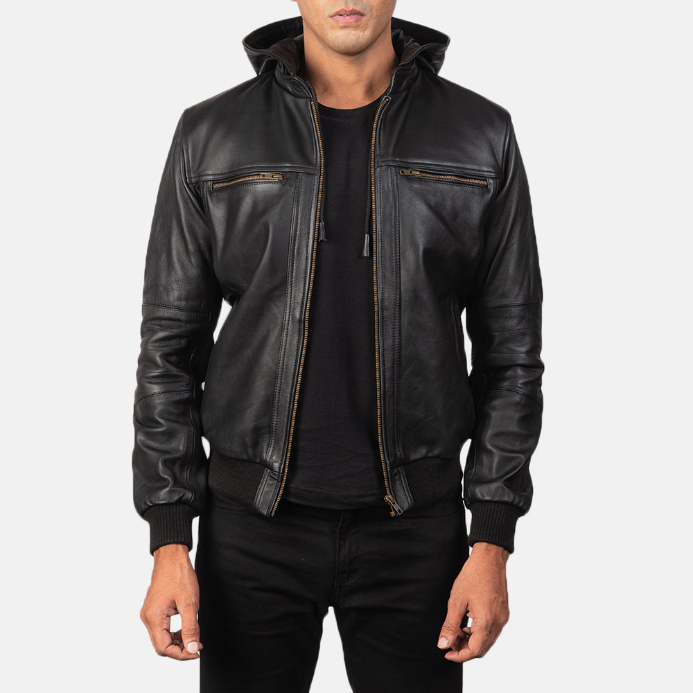 
Bouncer Biz Black Leather Hooded Bomber Jacket in Black Cowhide Leather - Вид спереди и приталенный силуэт | Купить в официальном онлайн-магазине