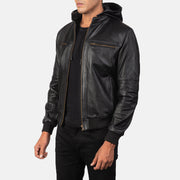
Black Cowhide Leather Bomber Jacket - Вид сзади, подчеркивающий посадку по плечам и ровный край