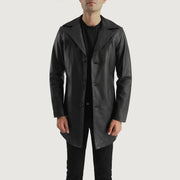Brawnton Черная Кожаное пальто мужская in Black Cowhide Leather - Вид спереди и приталенный силуэт | Купить онлайн