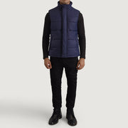 Bryan Blue Puffer Vest - Lateral Side Profile View Showing Sleeve Cut &amp; Athletic Taper Fit