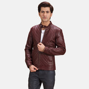 Burgunn Dee Maroon Leather Biker Jacket in Maroon Sheepskin Leather - Front Profile View &amp; Tailored Silhouette | Buy Online