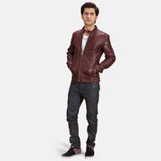 Burgunn Dee Maroon Leather Biker Jacket - Lateral Side Profile View Showing Sleeve Cut &amp; Athletic Taper Fit