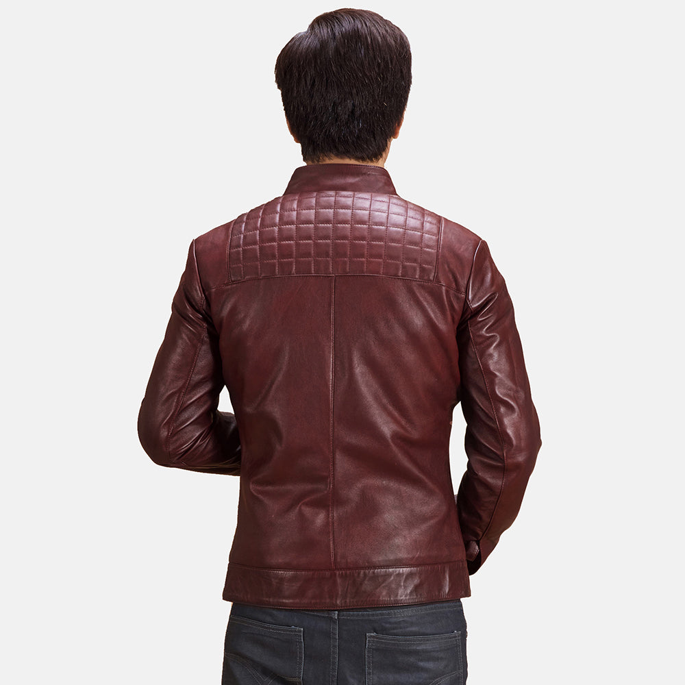 Close-Up Detail of Band with Snap Button &amp; Zipper Hardware on Burgunn Dee Maroon Leather Biker Jacket