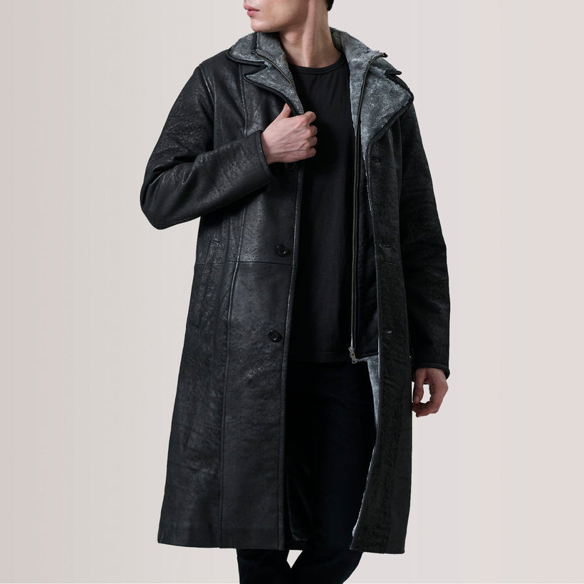 Cai Distressed Черная Leather Shearling Кожаное пальто мужская