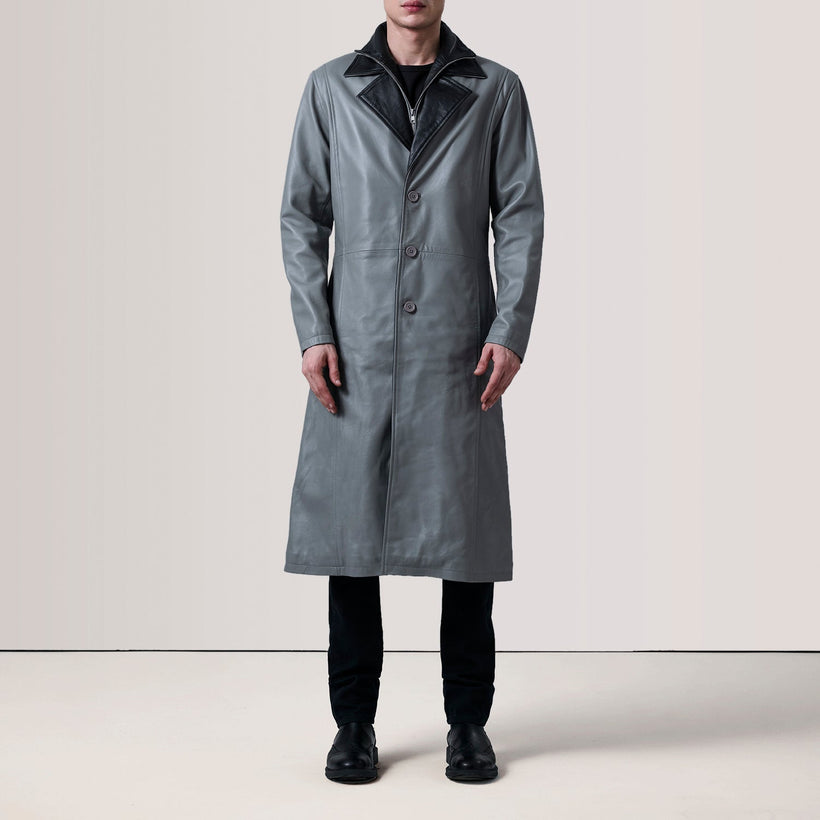 Charlton Grey Leather Single Breasted Кожаное пальто мужская
