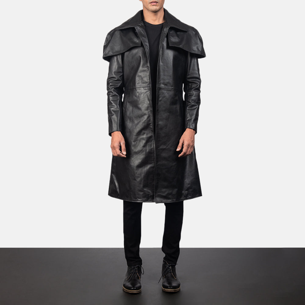 Men's Classic Black Leather Duster in Black Cowhide Leather - Front Profile View &amp; Tailored Silhouette | Buy Online