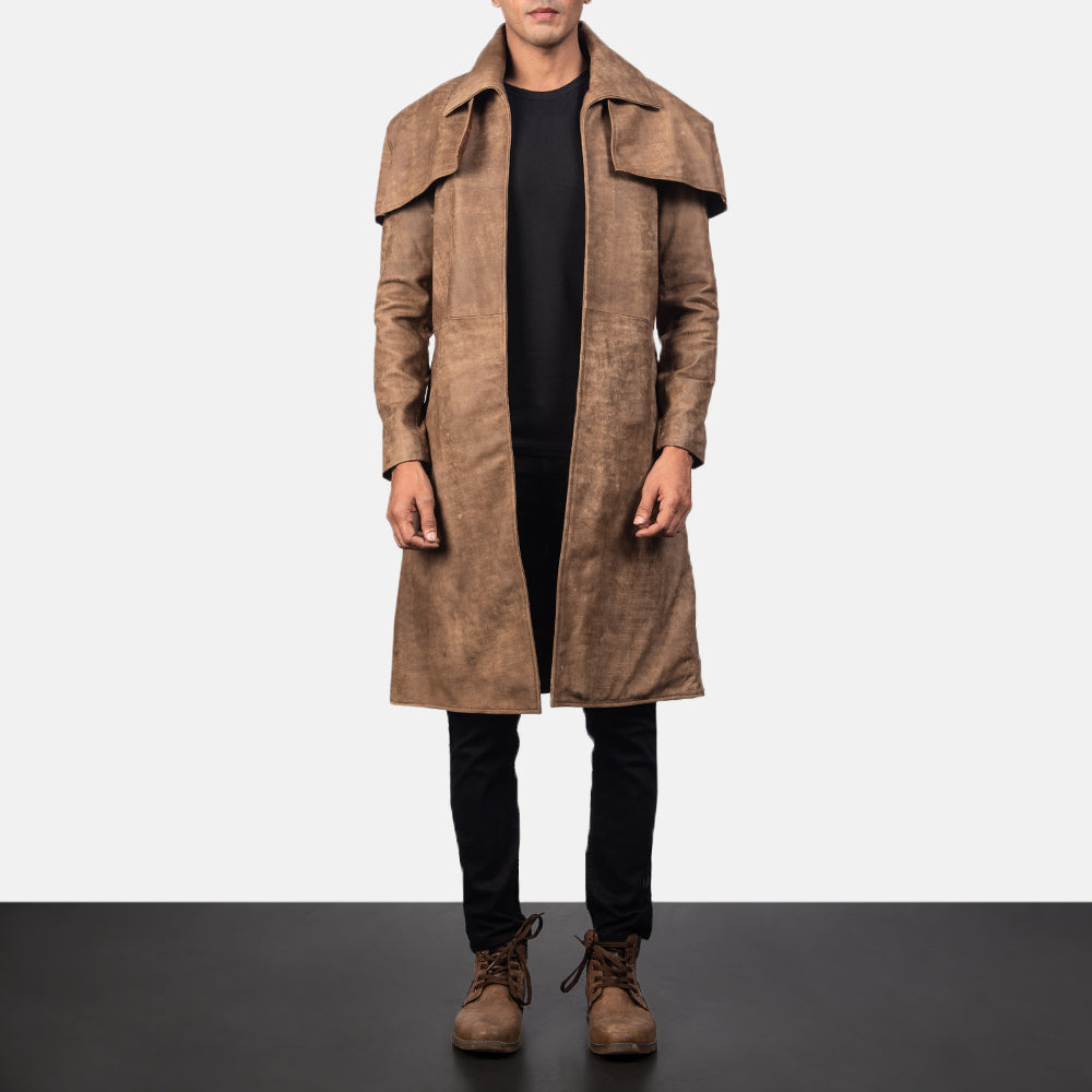Men's Classic Brown Leather Duster in Distressed Brown Sheepskin Snuffed - Front Profile View &amp; Tailored Silhouette | Buy Online