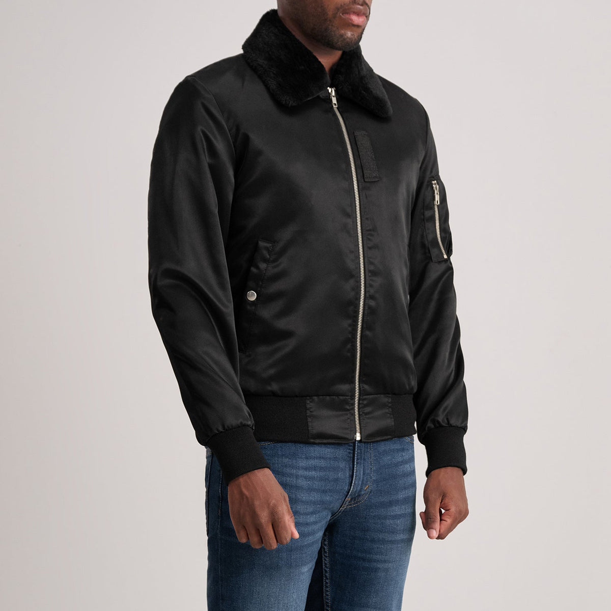 Black Satin Bomber Jacket - Back View Showing Tailored Shoulder Fit &amp; Clean Hemline