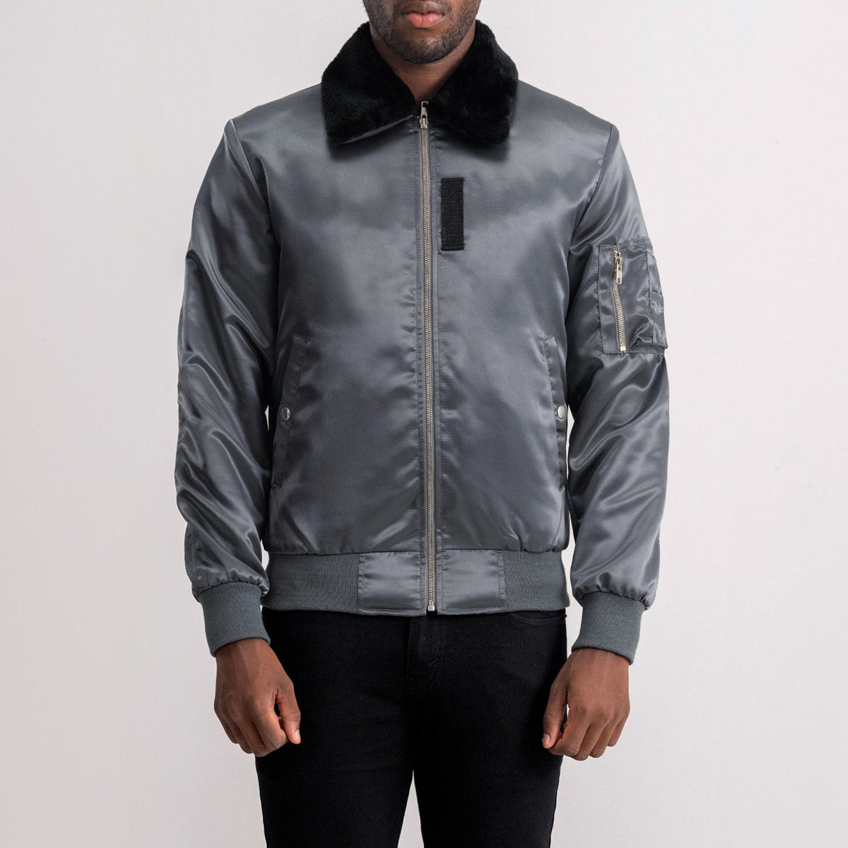 Clyde B-15 Grey Bomber Jacket in Grey Satin - Вид спереди и приталенный силуэт | Купить онлайн