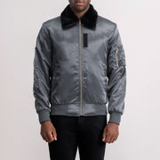 Clyde B-15 Grey Bomber Jacket in Grey Satin - Вид спереди и приталенный силуэт | Купить онлайн