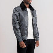 Grey Satin Bomber Jacket - Вид сзади с идеальной посадкой по плечам и ровным подолом