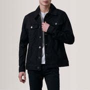 Conard Black Denim Trucker Jacket For Men in Black Full-Grain Leather - Front Profile View &amp; Tailored Silhouette | Buy Online