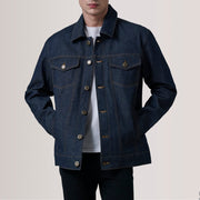 
Conard Ash Grey Denim Trucker Jacket For Men in Indigo Blue Full-Grain Leather - Вид спереди и приталенный силуэт | Купить в официальном онлайн-магазине