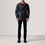 Black Sheepskin leather Coat - Back View Showing Tailored Shoulder Fit &amp; Clean Hemline