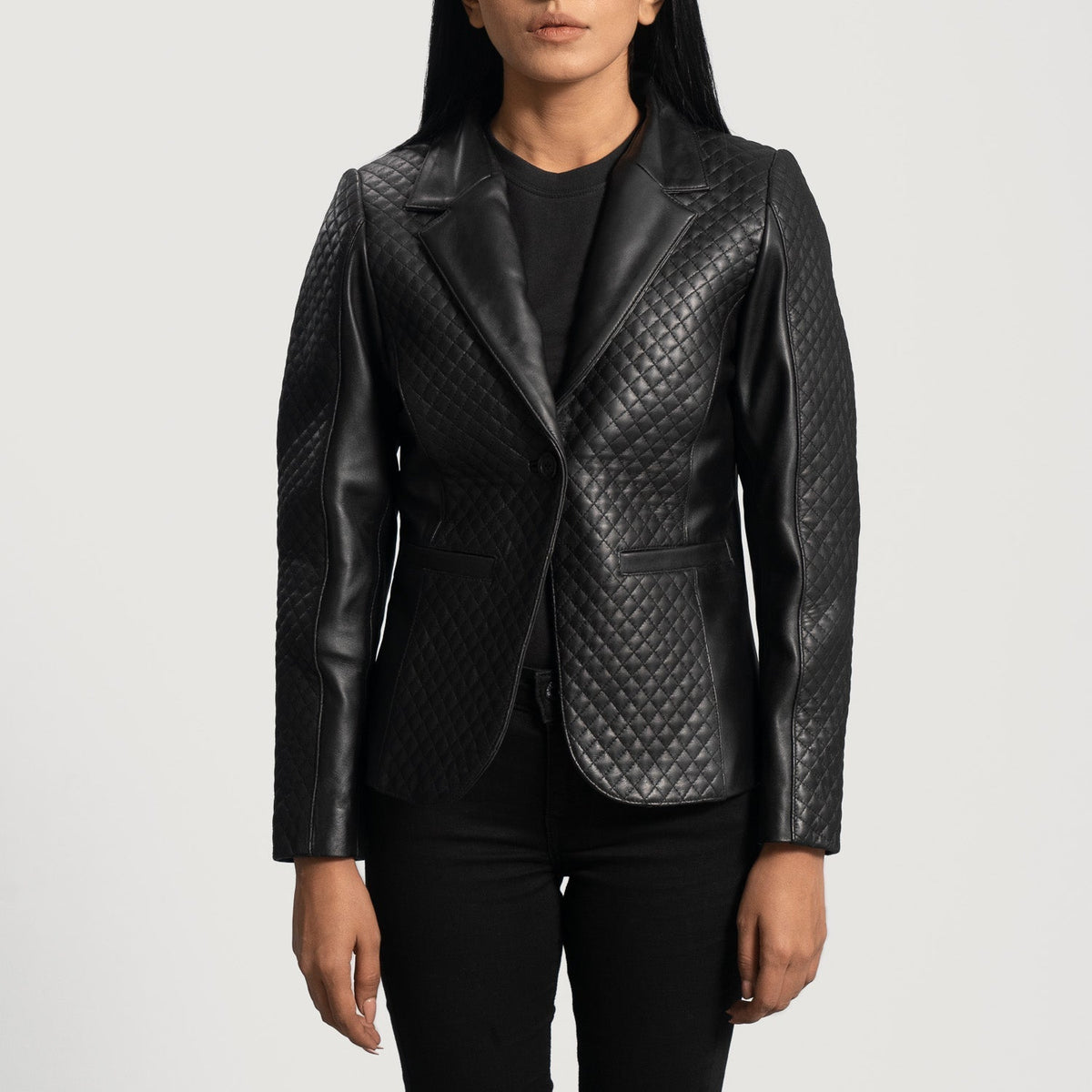Women's Cora Quilted Black Leather Blazer in Black Sheepskin Leather - Front Profile View &amp; Tailored Silhouette | Buy Online