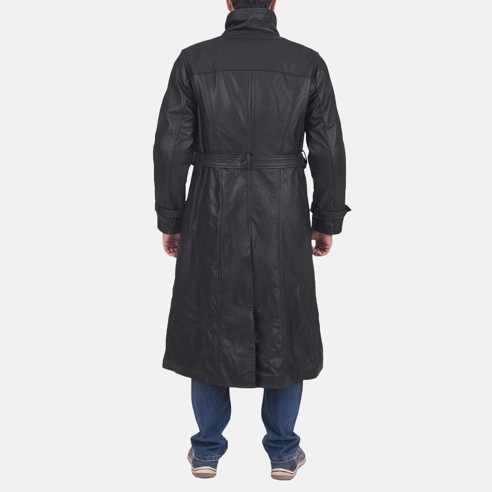 Close-Up Detail of Classic Collar &amp; Button &amp; Waist belt Hardware on Men's Daniel Black Leather Trench Coat
