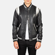 
Dantee Черный Leather Varsity Кожаная куртка для Мужчин in Black & White Sheepskin Leather - Вид спереди и приталенный силуэт | Купить в официальном онлайн-магазине