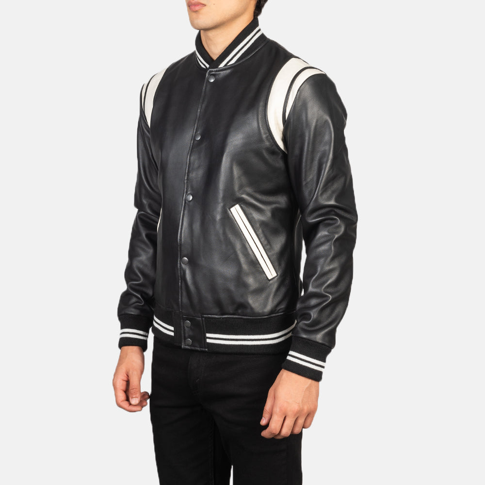 
Black & White Sheepskin Leather Varsity Jacket - Вид сзади, подчеркивающий посадку по плечам и ровный край