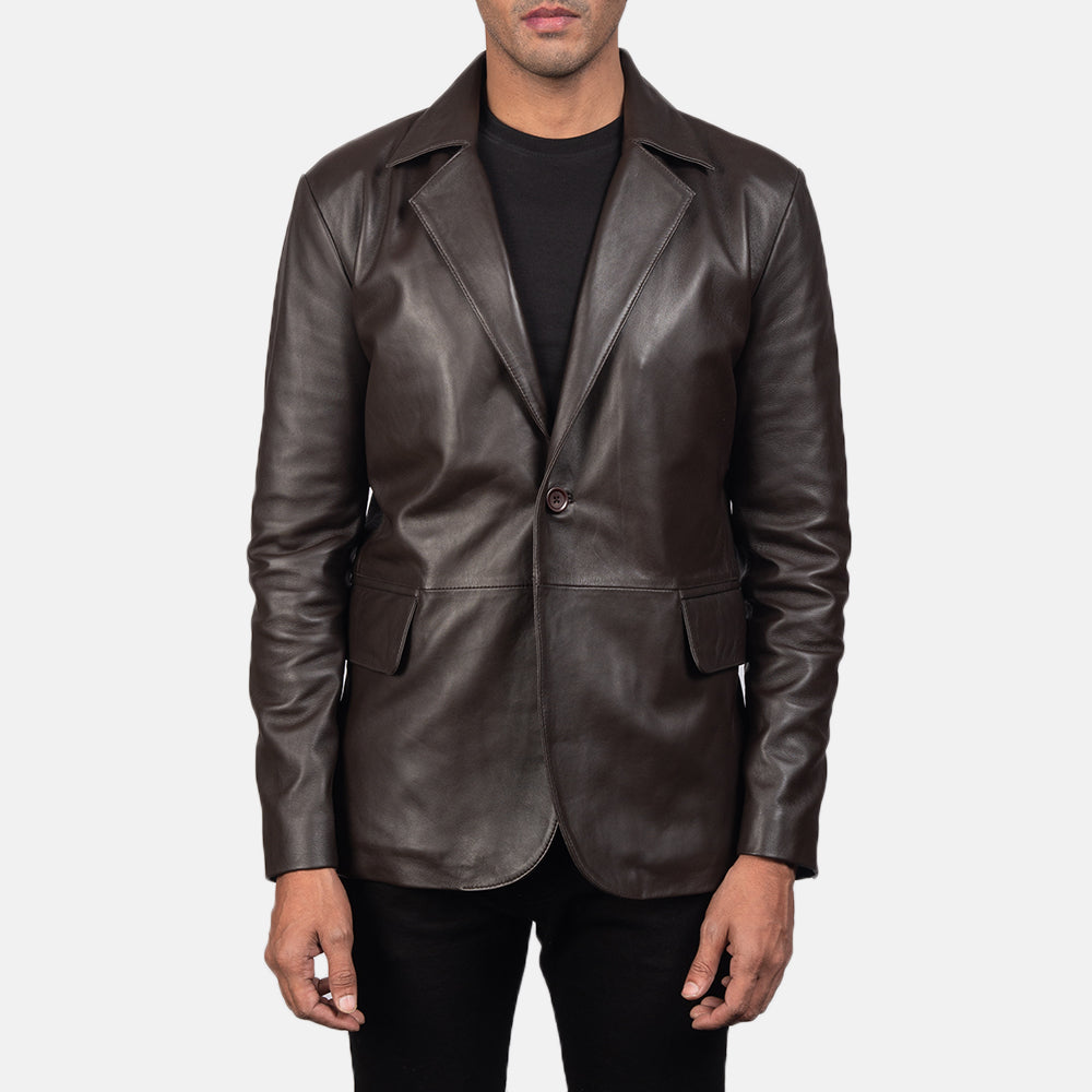 Daron Brown Leather Blazer in Brown Sheepskin Leather - Front Profile View &amp; Tailored Silhouette | Buy Online