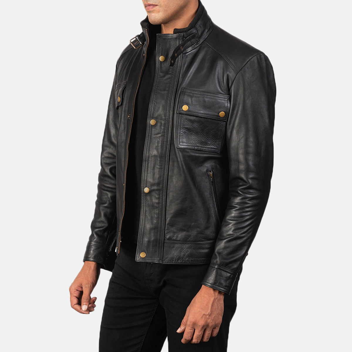 
Black 100% Full-Grain Leather Biker Jacket - Вид сзади, подчеркивающий посадку по плечам и ровный край