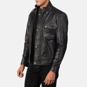 
Black 100% Full-Grain Leather Biker Jacket - Вид сзади, подчеркивающий посадку по плечам и ровный край