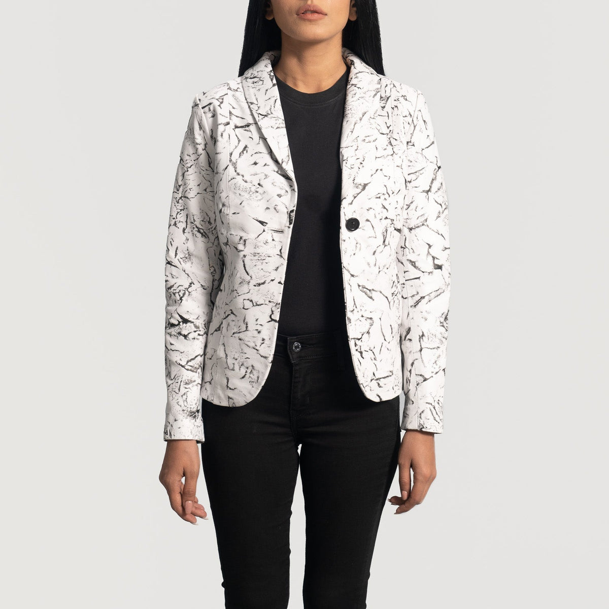Women's Donna Blake White Leather Blazer - Lateral Side Profile View Showing Sleeve Cut &amp; Athletic Taper Fit
