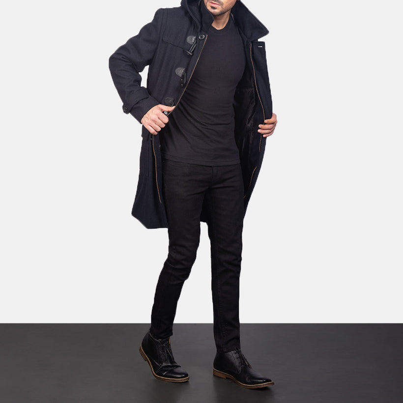 Drake Черный Wool Hooded Duffle Кожаное пальто для Мужчин