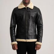 
Крупный план деталей of Buckled Collar & Zipper Hardware on Francis B-3 Black Leather Bomber Jacket