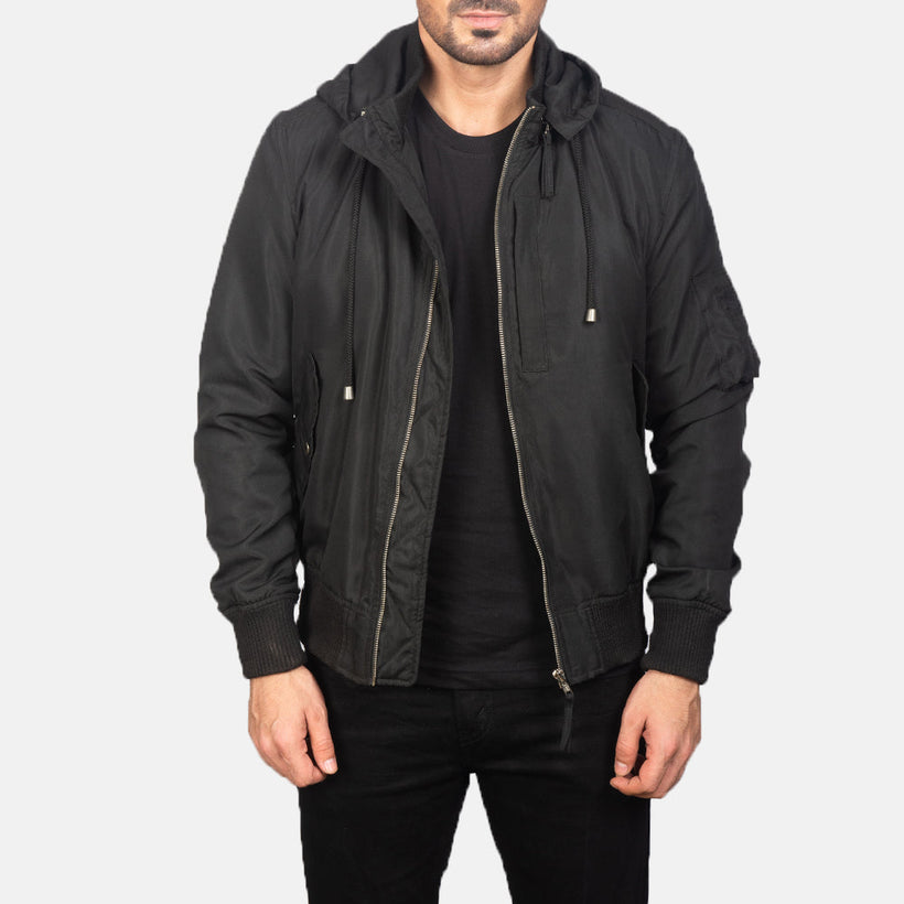 Hanklin MA-1 Черная Hooded Кожаный бомбер мужская