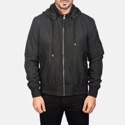 
Крупный план деталей of Knit Rib with Removable Polyester Hood & Zipper Hardware on Hanklin Ma-1 Black Hooded Bomber Jacket