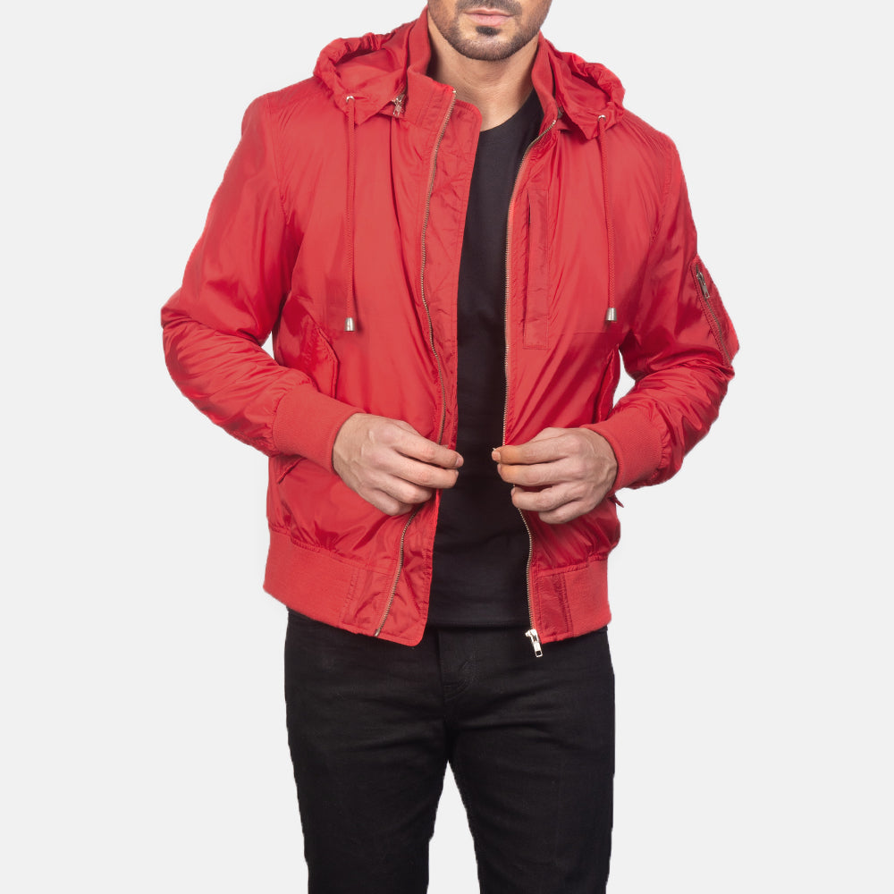 
Hanklin Ma-1 Red Hooded Bomber Jacket in Red Nylon - Вид спереди и приталенный силуэт | Купить в официальном онлайн-магазине