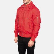 
Red Nylon Bomber Jacket - Вид сзади, подчеркивающий посадку по плечам и ровный край