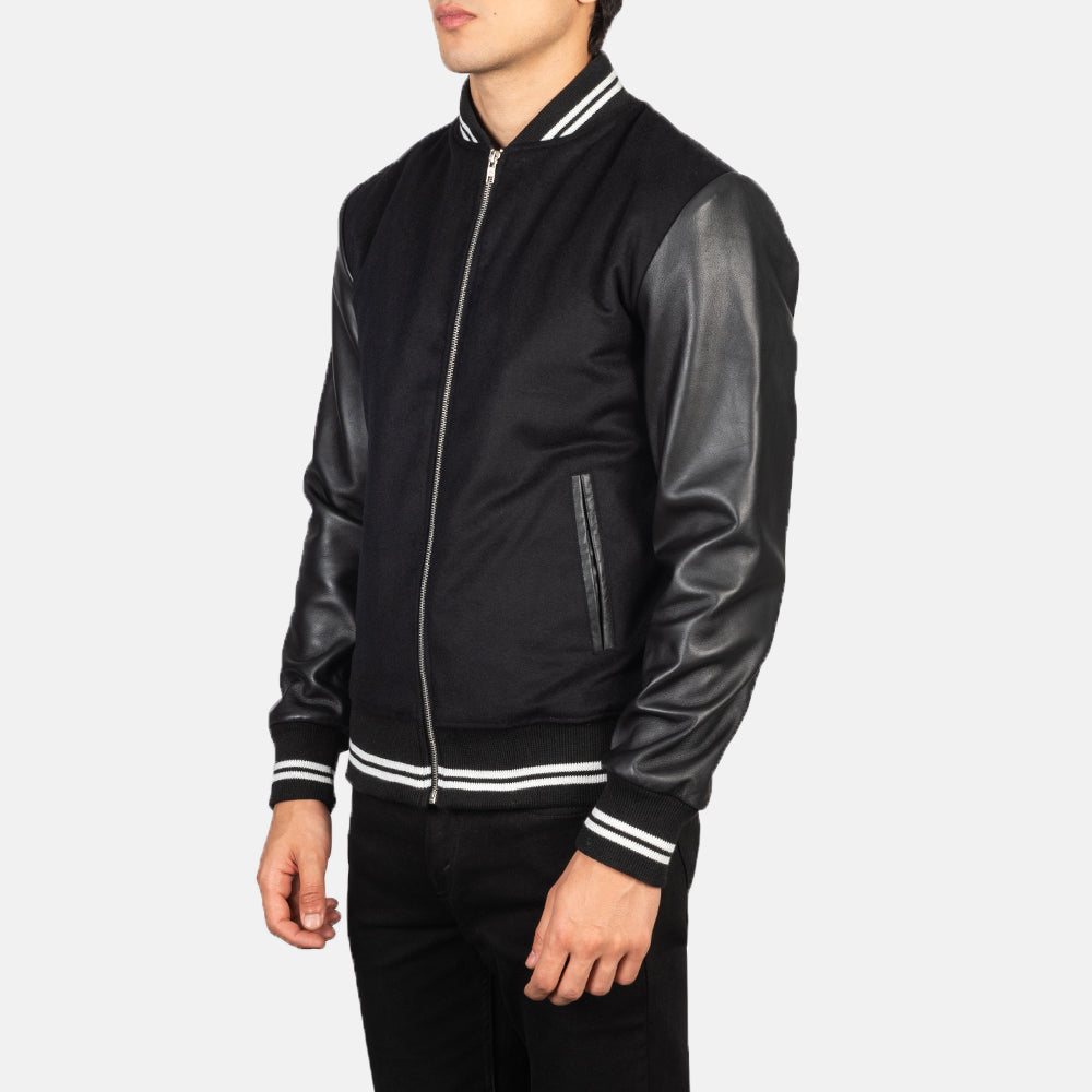 Black Sheepskin Leather Varsity Jacket - Back View Showing Tailored Shoulder Fit &amp; Clean Hemline