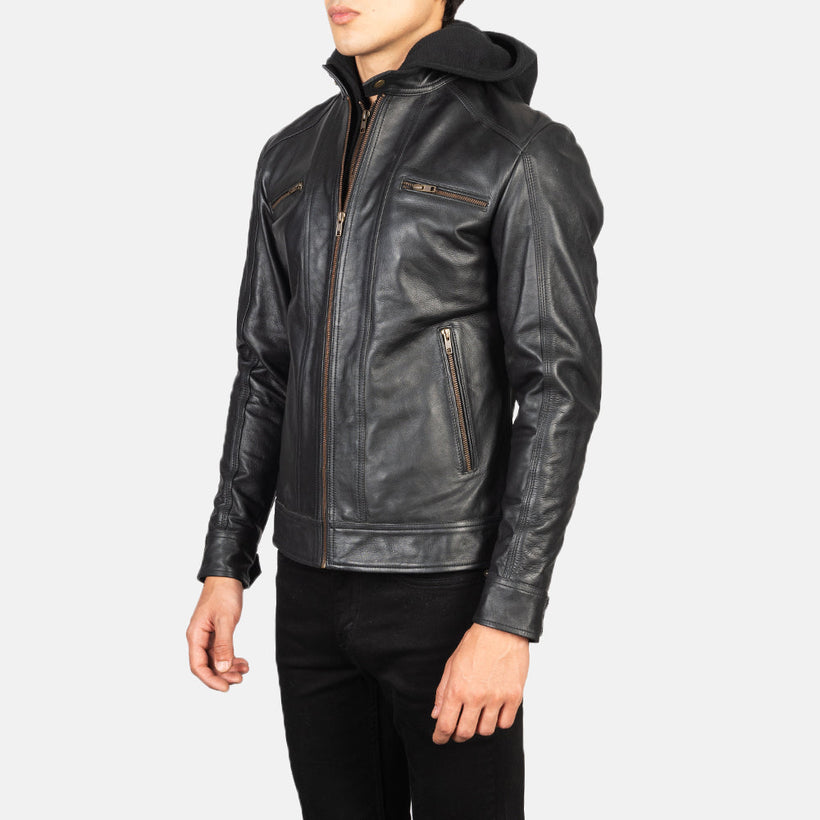 Hector Черная Hooded Кожаная косуха мужская