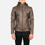 Close-Up Detail of Band with Snap Button &amp; Zipper Hardware on Men's Hector Brown Hooded Leather Biker Jacket