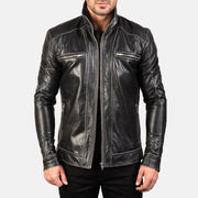 Hudson Black Leather Biker Jacket in Black Cowhide Leather - Front Profile View &amp; Tailored Silhouette | Buy Online