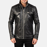 Close-Up Detail of High neck Band &amp; Zipper Hardware on Hudson Black Leather Biker Jacket